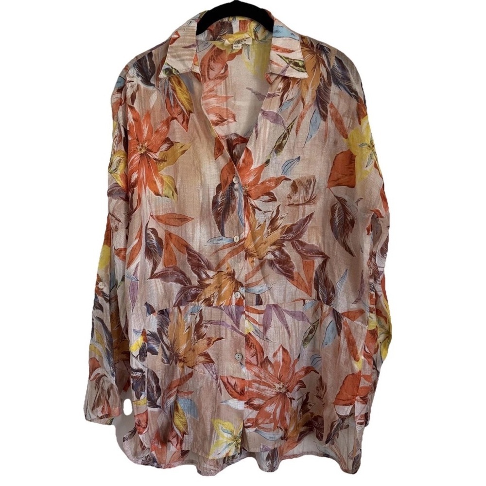 Umgee Womens Medium Multicolor Floral Sheer Cotton Blend Boho Tunic Top Resort